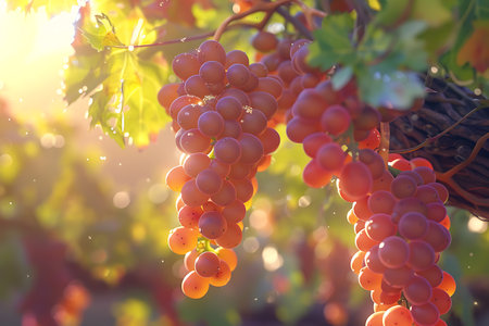 A cluster of seedless grapes dangles from a grapevine branch, illuminated by the sun peeking through the leaves of the terrestrial plantの素材