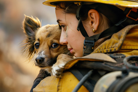 A woman is cuddling a German shepherd dog, a carnivorous breed in the Sporting Group, while wearing a sun hat at an outdoor event, showcasing the dog as her beloved companionの素材