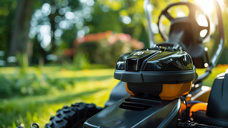 A black and yellow lawn mower, resembling a toy motor vehicle, is parked in the lush green grassの素材