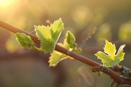Macro photography of a twig from a flowering plant with green leaves, buds, and vine branches. It showcases the beauty of terrestrial plants in a natural landscapeの素材