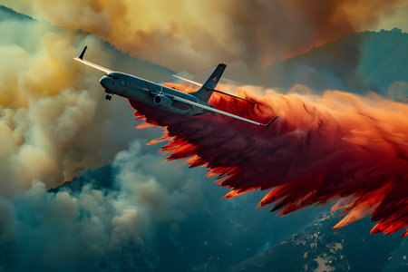 An aircraft is spraying water on a fire in the sky, creating a cloud of orange smoke. The scene resembles a painting in the atmosphere, showcasing the aviation industrys firefighting effortsの素材