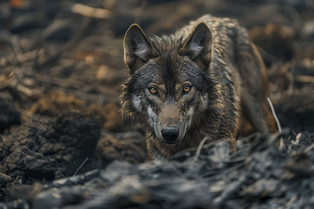 A carnivorous terrestrial animal, the wolf, is lying in the dirt with whiskers twitching, staring at the camera in a natural forest landscapeの素材