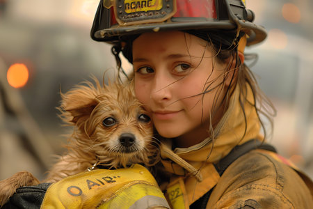 A firefighter is cradling a small brown dog, a toy dog breed, in her arms at the event. Both are smiling under the firefighters helmet and personal protective equipmentの素材