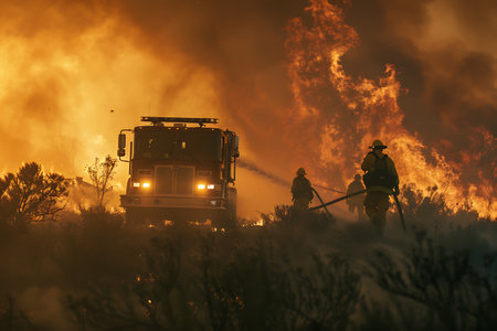 A fire truck is battling a hazardous wildfire by spraying water on the large flames, filling the sky with smoke and ash to contain the eventの素材