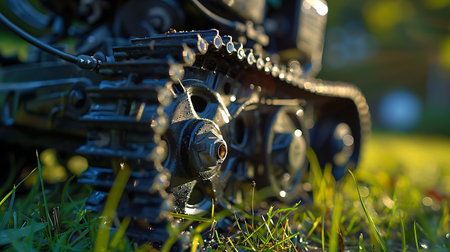Close up of a metallic gear on a bicycle in the lush green grass, contrasted against the electric blue sky, creating a harmonious landscapeの素材