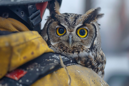A person in a yellow jacket is cradling a Great horned owl in their arms, showcasing the majestic terrestrial bird during a wildlife eventの素材