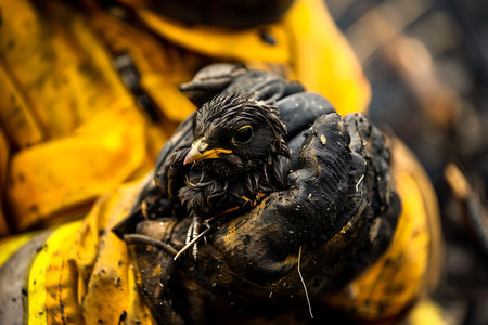 A fireman is holding a small bird in his hands. The closeup shot captures the intricate pattern of its feathers. The bird feeds on natural foods like fruit and insects found in the soilの素材