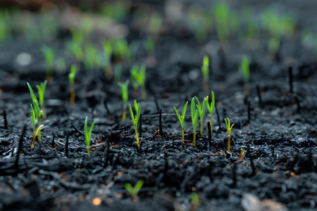 Various terrestrial plants including grasses, flowers, and trees are sprouting from the soil, creating a beautiful landscape in the fieldの素材
