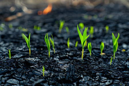 A group of small terrestrial plants from the grass family are emerging from a heap of black ash. This agricultural landscape showcases the resilience of vegetation in natureの素材