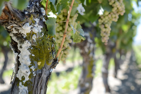 A cluster of grapes dangle from a vine on a wooden trunk in a lush vineyard, surrounded by grass and other terrestrial plants in a natural landscapeの素材