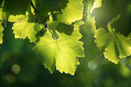The sun is filtering through the grape leaves, creating a beautiful display of light and shadow on the vine, perfect for macro photographyの素材