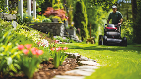 A man is using a lawn mower to trim the vibrant green grass in a beautiful natural landscape filled with plants and shrubsの素材