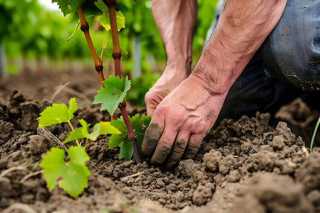 A person is gently placing a plant into the soil with their fingers. The gesture is deliberate and careful, surrounded by nature. The plant will soon grow into a beautiful addition to the groundcoverの素材