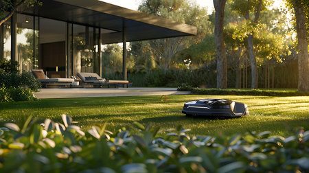 An autonomous robotic lawn mower is trimming the grass in the natural landscape in front of a house, enhancing the overall landscape of the propertyの素材