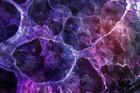 A closeup of a vibrant abstract painting featuring a waterinspired pattern in shades of purple, violet, magenta, and electric blue, creating a symmetrical and organic designの素材