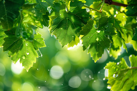 A close up of a tree branch from the grapevine family with green leaves and water drops on them, showcasing the beauty of this terrestrial plantの素材
