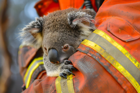 A fireman is gently cradling a koala, a terrestrial animal with a furry body, snout, claws, and a bushy tail. The closeup event shows the koala biting on natural materialsの素材