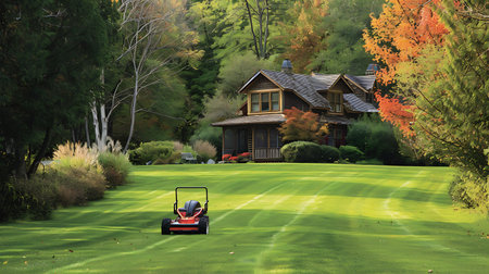 A person is cutting the grass on a beautifully manicured lawn in front of a house, nestled amongst trees and natural landscapeの素材