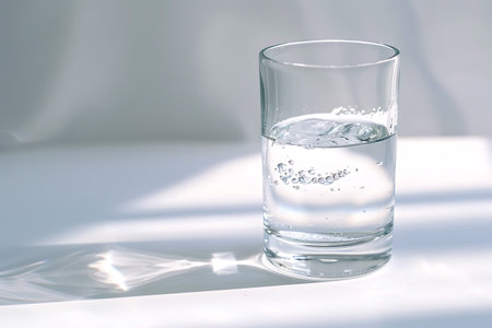 A glass of liquid is resting on a white table, containing refreshing drinking water or mineral water. The drinkware is ready to quench your thirstの素材