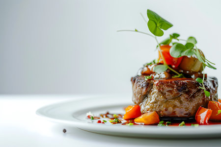A white plate adorned with a delicious arrangement of meat and vegetables placed on a table, showcasing a visually appealing dish ready to be savoredの素材