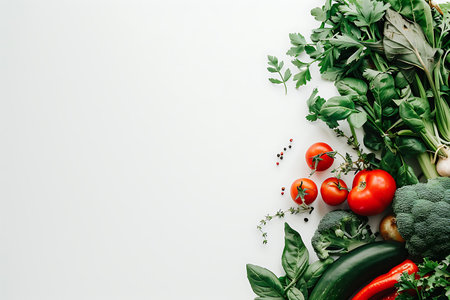 A variety of vegetables and herbs, including plum tomato, cherry tomatoes, and bush tomato, displayed on a white background. Ingredients for natural foods recipesの素材