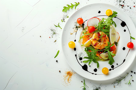 A white plate showcasing a dish of shrimp and vegetables placed on a table, highlighting the combination of ingredients and flavors in the cuisineの素材