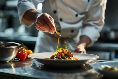 The chef is drizzling sauce onto the plate of food, adding a burst of flavor to the dish. The cuisine is brought to life with this final touchの素材