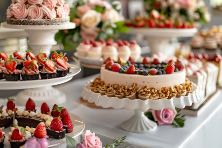 The table is filled with a variety of desserts, showcasing different types of sweet treats such as cakes, pastries, and baked goodsの素材