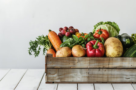 A rectangular wooden box filled with leaf vegetables, a natural food ingredient perfect for a delicious recipe. Placed on a table as part of a cuisine displayの素材