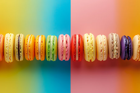 A closeup of a row of vivid macarons on a vibrant blue and magenta background, resembling a colorful pattern. The electric blue and pink hues make them look like fashionable accessories or jewelryの素材