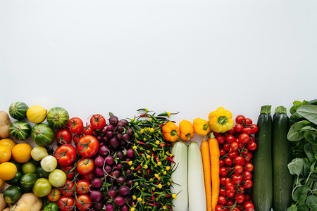 A beautiful display of natural foods including seedless fruits and vegetables arranged in a row on a white surface, showcasing local produce at a food eventの素材