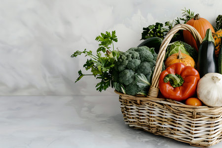 A storage basket filled with fresh vegetables, including leafy greens and superfoods, placed on a table made of wicker materialの素材