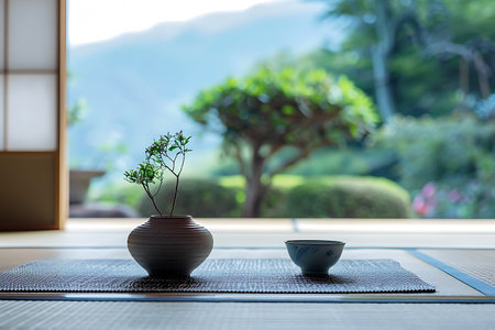A houseplant in a flowerpot sits on a rectangle table by the window, next to a vase filled with terrestrial plants. The room is decorated with tints of green from grass and wood elementsの素材