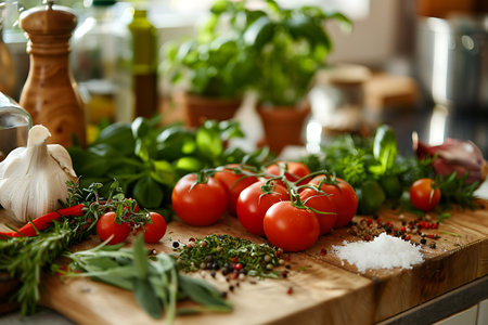 A wooden cutting board showcasing various vegetables such as plum tomatoes, garlic, and cherry tomatoes, perfect for preparing a delicious and nutritious recipe using fresh, natural ingredientsの素材
