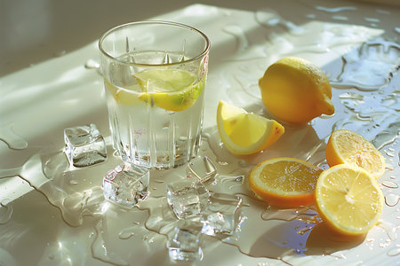 A refreshing glass of water with sweet lemon slices, ice cubes, and a hint of Rangpur flavor on a tableの素材