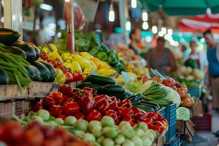 A variety of natural foods, including fruits and vegetables, are on display at a market. The greengrocer is selling fresh produce, essential ingredients for a healthy dietの素材
