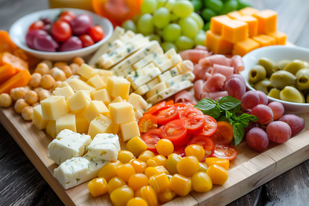 A wooden cutting board showcasing a variety of ingredients and natural foods such as fruits and plants, perfect for creating delicious recipes and wholesome dishesの素材