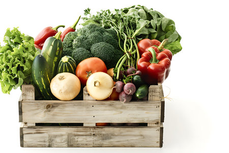 A wooden box filled with fresh vegetables, a natural and whole food ingredient. Leafy greens and other produce from the plant food group, displayed on a white backgroundの素材