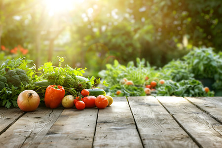 A wooden table displaying an array of fresh vegetables atop it, set against a backdrop of a lush garden with fruit trees and green grassの素材