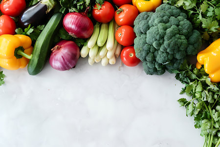 The table is filled with a variety of vegetables, essential ingredients in many cuisines. These natural foods provide nutrients and flavors to dishesの素材