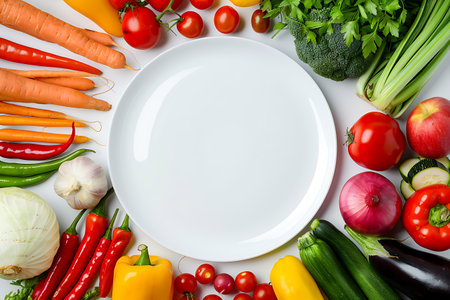 A white plate is adorned with a vibrant array of vegetables making a beautiful display on the table. The mix of natural foods embodies a healthy dish waiting to be enjoyedの素材