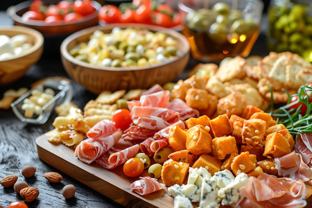 A mixed assortment of natural foods, ingredients, and produce displayed on a wooden cutting board, ready for a delicious recipe or dishの素材