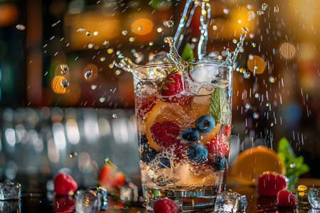 In the city, at an event, a glass filled with fruit and ice is being poured with water, creating a beautiful still life art piece among a crowd in an interior design traditionの素材