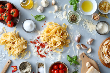 The table is filled with a variety of pasta and vegetables, essential ingredients for creating delicious dishes in various cuisinesの素材