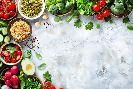 A variety of vegetables in bowls are displayed on the table, showcasing natural foods and ingredients for recipes. Leafy greens, fruits, and whole foods are part of this colorful plantbased cuisineの素材