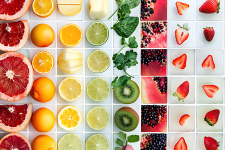 A collage of different types of fruits and vegetables including Rangpur, Valencia orange, Tangerine, Clementine. They are vibrant green and fresh ingredients for various cuisines and recipesの素材