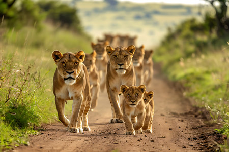 A group of lions, majestic and powerful predators, can be seen walking down a dusty dirt road in their natural habitat. These apex predators exude strength and confidence as they move together in sync.の素材