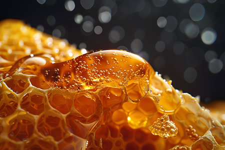 This close-up shot showcases a honeycomb glistening with drops of water, highlighting the intricate hexagonal cells and reflective surfaces. The water droplets add a sense of texture and freshness to the natural structure.の素材