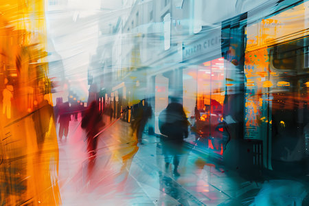 The painting depicts a group of diverse individuals walking down a bustling city street, with buildings, cars, and pedestrians surrounding them. The scene captures the energy and movement of urban life.の素材
