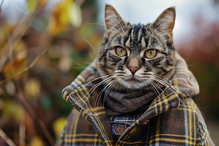 A cat wearing a plaid coat is looking directly at the camera, with alert eyes and a curious expression on its face. The coat has a classic checkered pattern in red and green, perfectly fitting the cats body.の素材